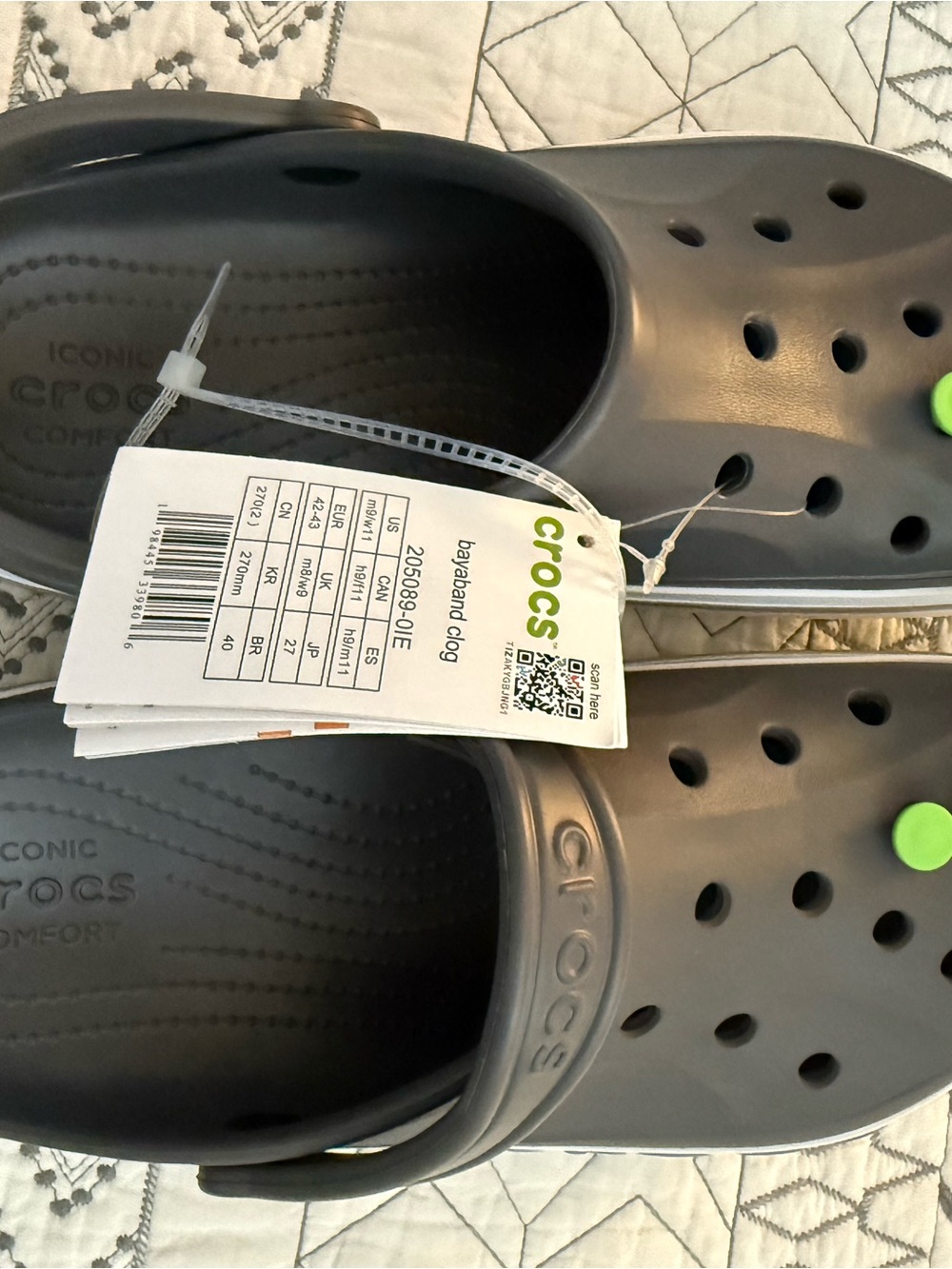 CROCS bayaband Clogs in Charcoal with white Accent. M9/W11